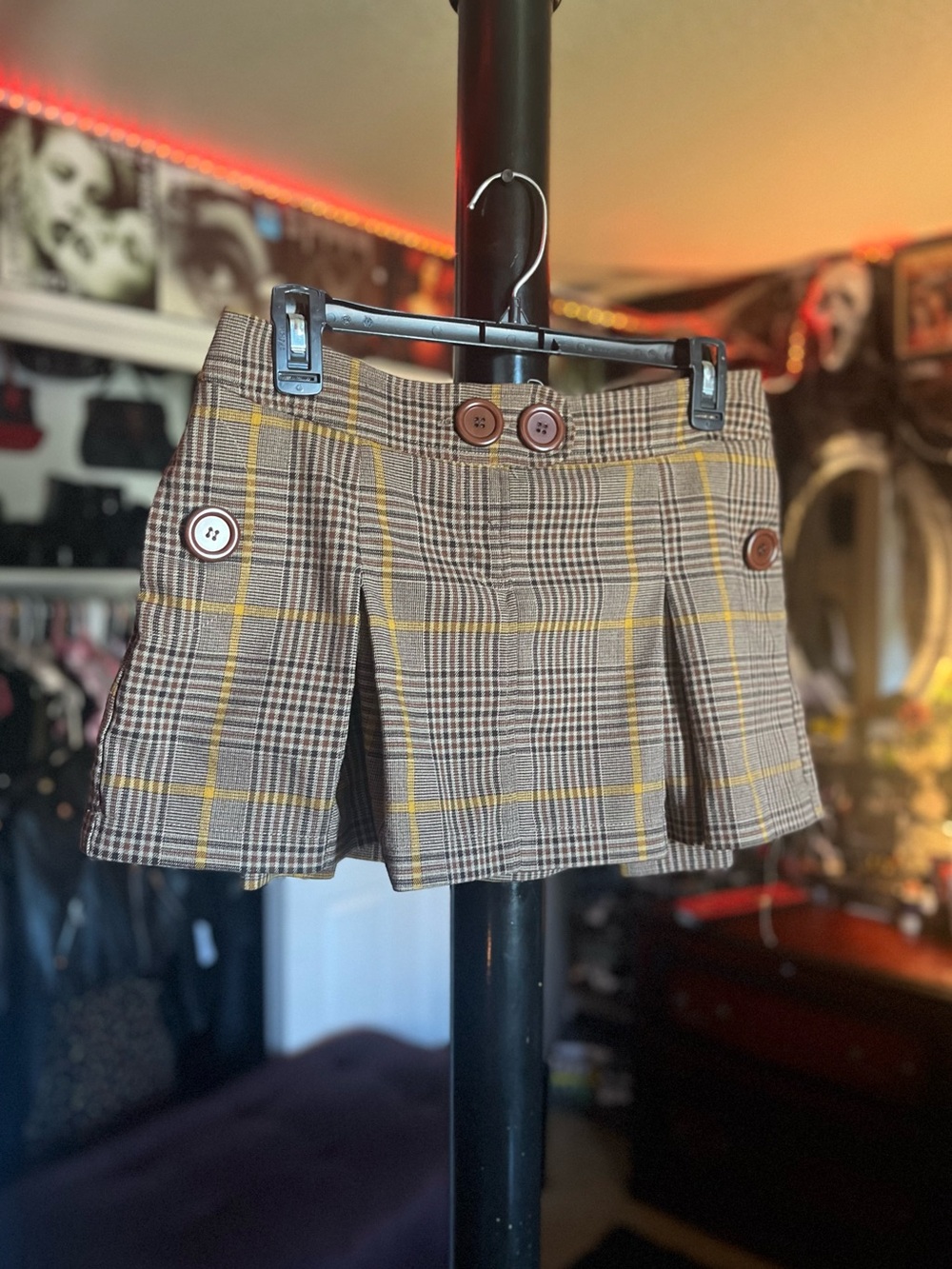 Xhilaration Y2K Brown Plaid Pleated Mini Skirt with Brown Buttons
